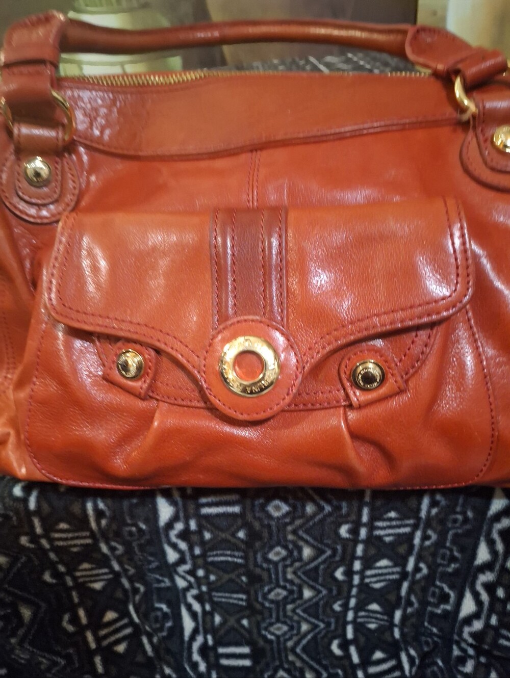 Perlina Red Leather Shoulder Bag with Front Flap and Gold Hardware